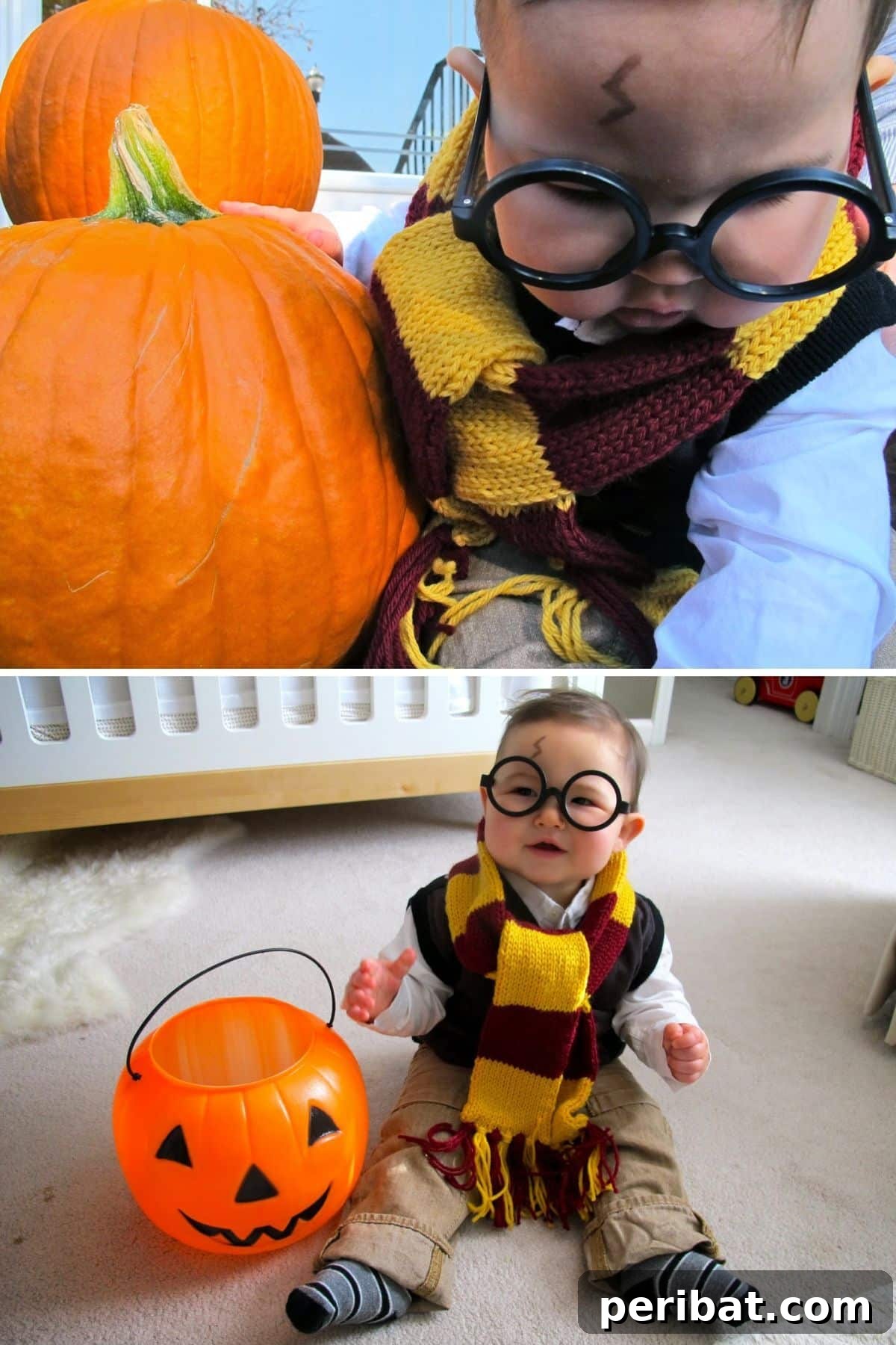 Spooktacularly Adorable DIY Baby Halloween Costume Ideas 12 An iconic Harry Potter baby costume, featuring a tiny wizard robe, round glasses, and the famous lightning bolt scar. An easy and beloved DIY Halloween outfit for your magical infant.