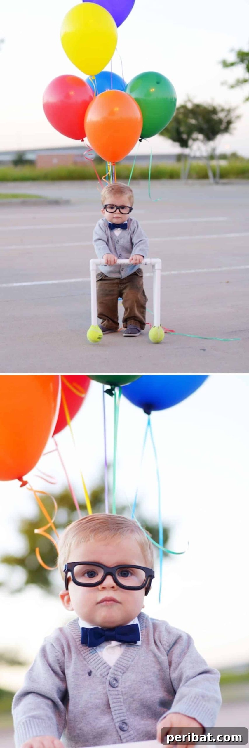 Spooktacularly Adorable DIY Baby Halloween Costume Ideas 13 A heartwarming Carl from Up baby costume, featuring a tiny suit, glasses, and an adorable walker. A creative and memorable DIY Halloween outfit inspired by the beloved Pixar character.