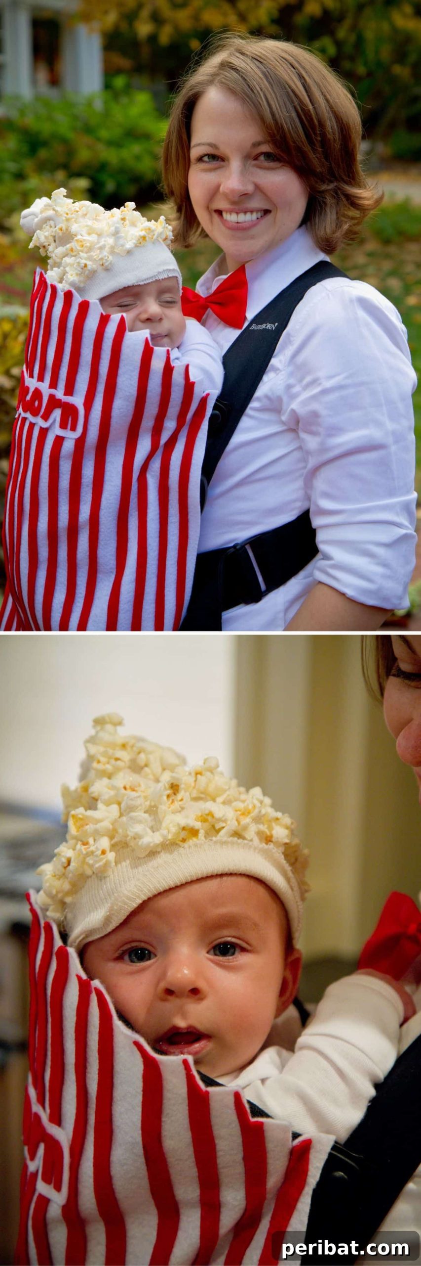 Spooktacularly Adorable DIY Baby Halloween Costume Ideas 14 A delightful Bag of Popcorn baby costume, turning your little one into a tasty treat. This creative DIY outfit is perfect for family Halloween themes and evokes cinematic fun.