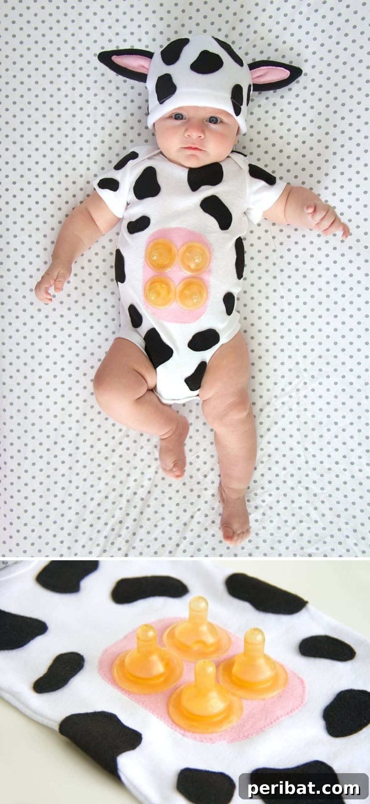 Spooktacularly Adorable DIY Baby Halloween Costume Ideas 16 An udderly adorable Cow baby costume, featuring a white onesie with black spots, cow ears on a hat, and unique 'udders' made from baby bottle nipples. A highly creative DIY infant outfit.
