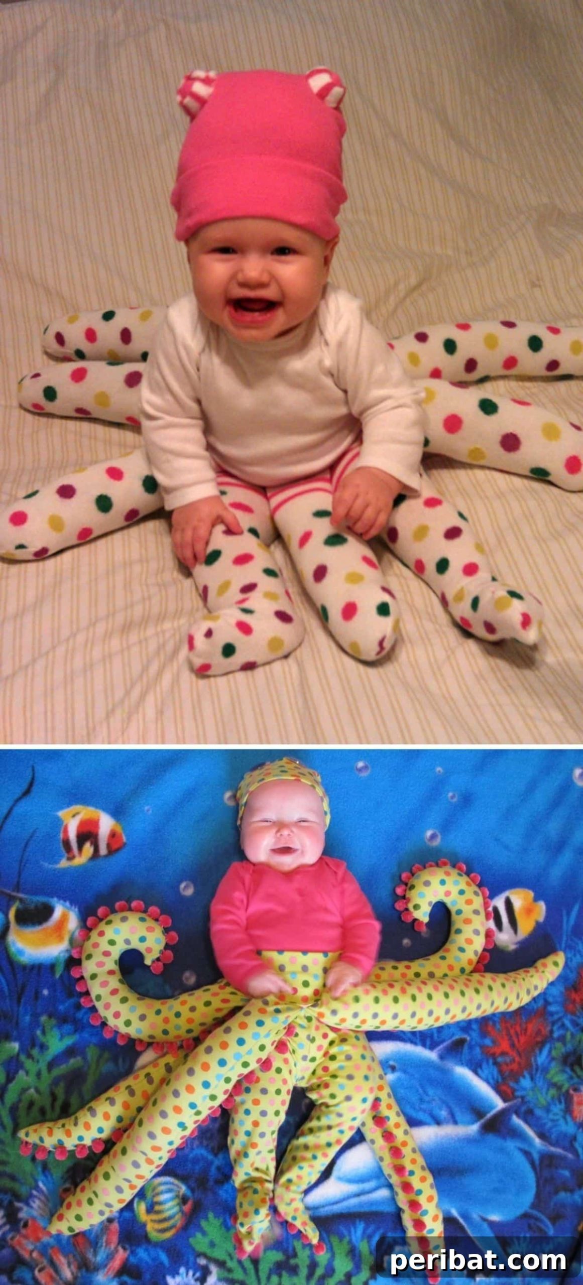 Spooktacularly Adorable DIY Baby Halloween Costume Ideas 17 A charming Octopus baby costume, ingeniously designed with multiple stuffed 'tentacles' attached to a onesie, creating the illusion of an eight-legged infant. A creative and captivating DIY outfit.