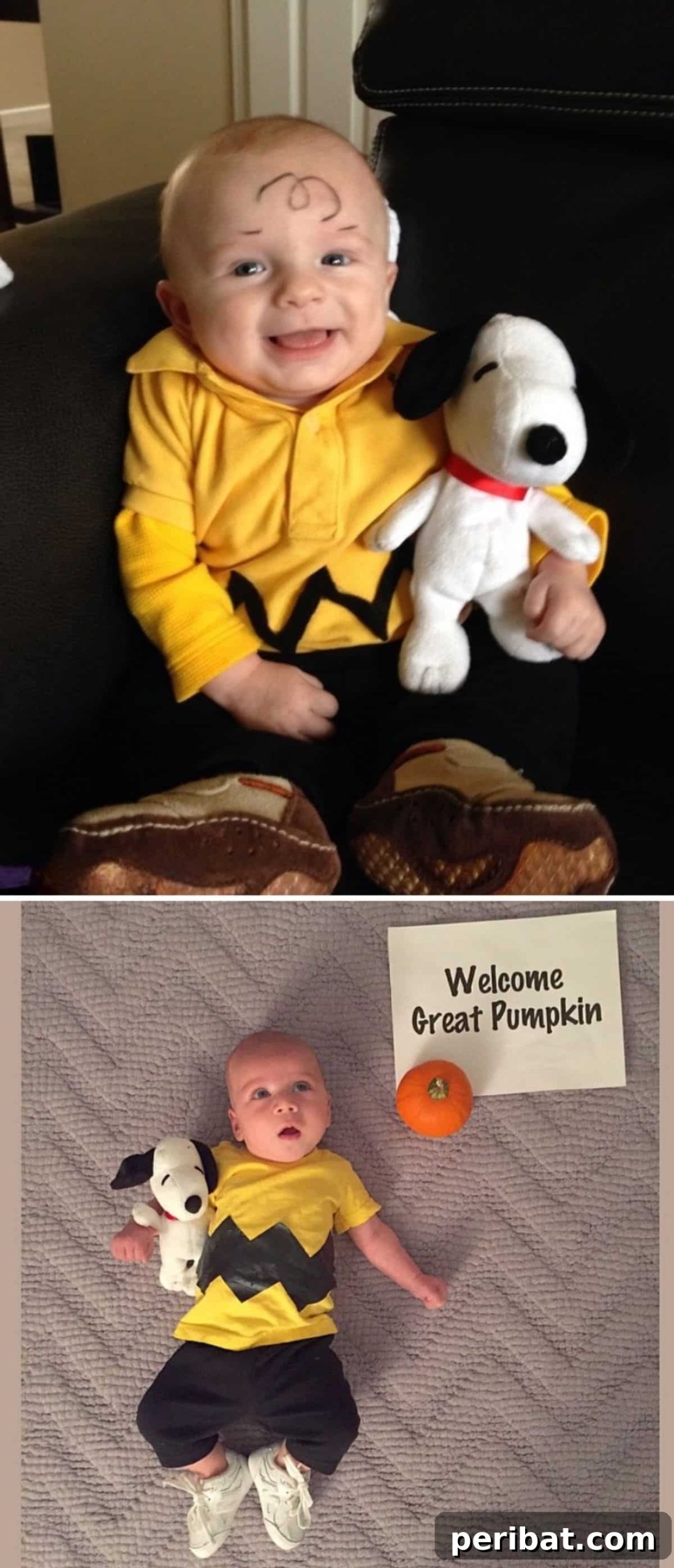Spooktacularly Adorable DIY Baby Halloween Costume Ideas 19 A timeless Charlie Brown baby costume, featuring the iconic zigzag shirt and a drawn-on curl. This precious DIY infant outfit celebrates the beloved Peanuts character.