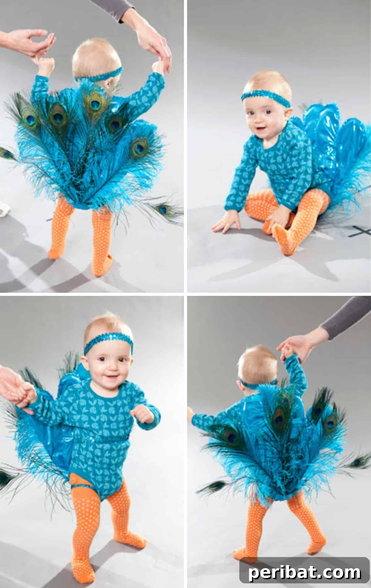 Spooktacularly Adorable DIY Baby Halloween Costume Ideas 22 A stunning Peacock baby costume, showcasing vibrant felt feathers attached to a colored onesie and tights, topped with a delicate headband. A regal and beautiful DIY infant outfit.