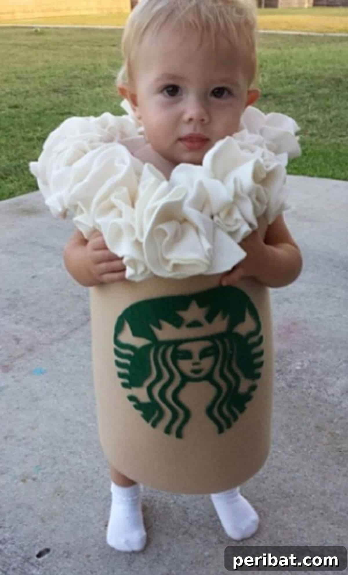 Spooktacularly Adorable DIY Baby Halloween Costume Ideas 23 A uniquely adorable Starbucks coffee cup baby costume, complete with a logo and a 'whipped cream' hat. A creative and charming DIY infant outfit for coffee-loving parents.