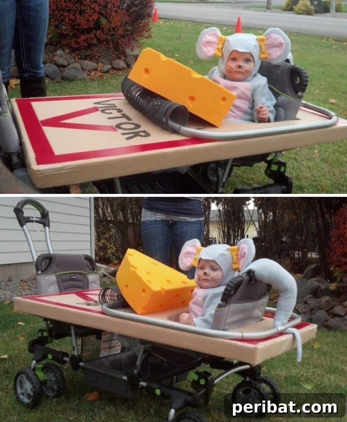Spooktacularly Adorable DIY Baby Halloween Costume Ideas 4 A creative and hilarious Mouse Caught in a Trap baby Halloween costume, featuring an infant dressed as a mouse with a cleverly designed 'trap' wagon. Perfect for trick-or-treating fun.
