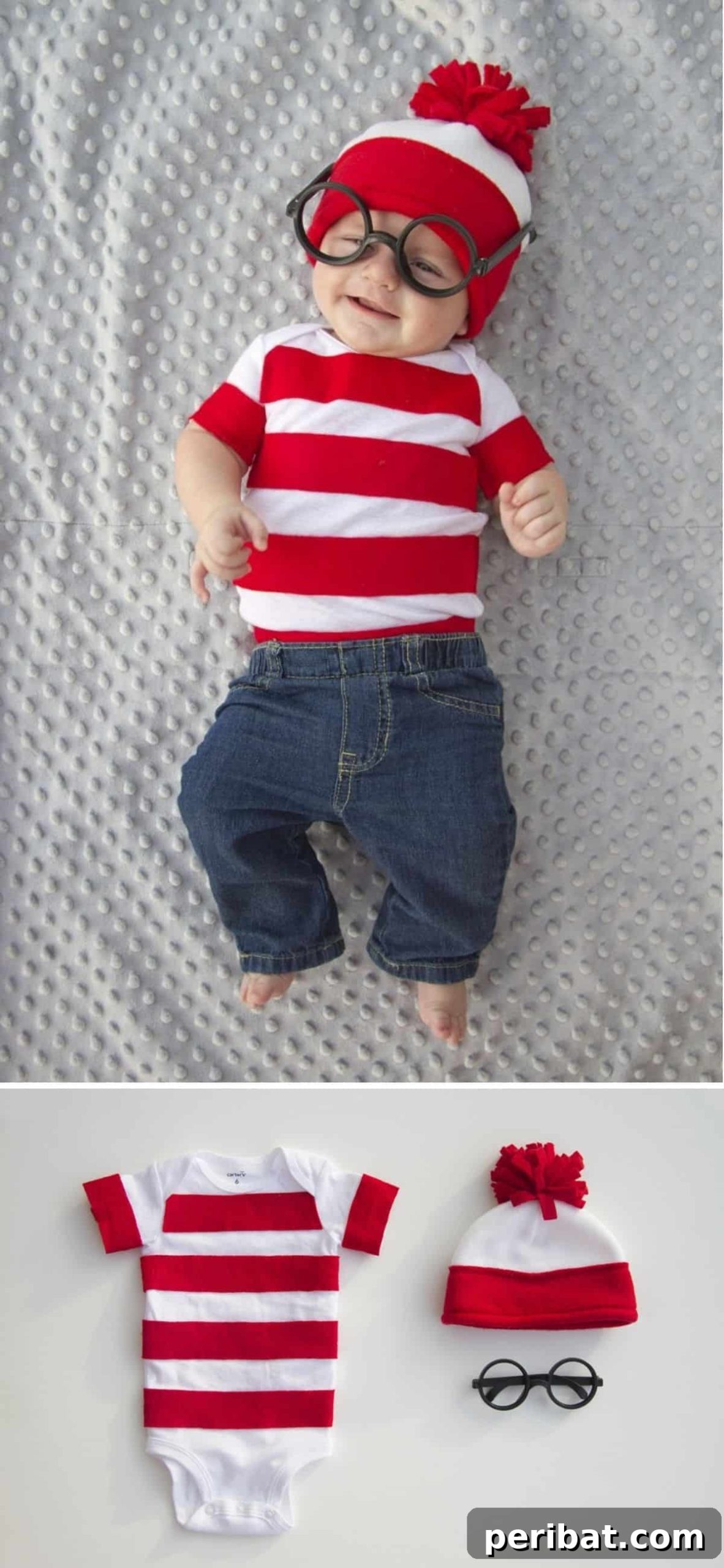 Spooktacularly Adorable DIY Baby Halloween Costume Ideas 6 A classic and recognizable Where's Waldo? baby costume, featuring the iconic red-and-white striped shirt and hat. An easy DIY idea for a universally loved character.