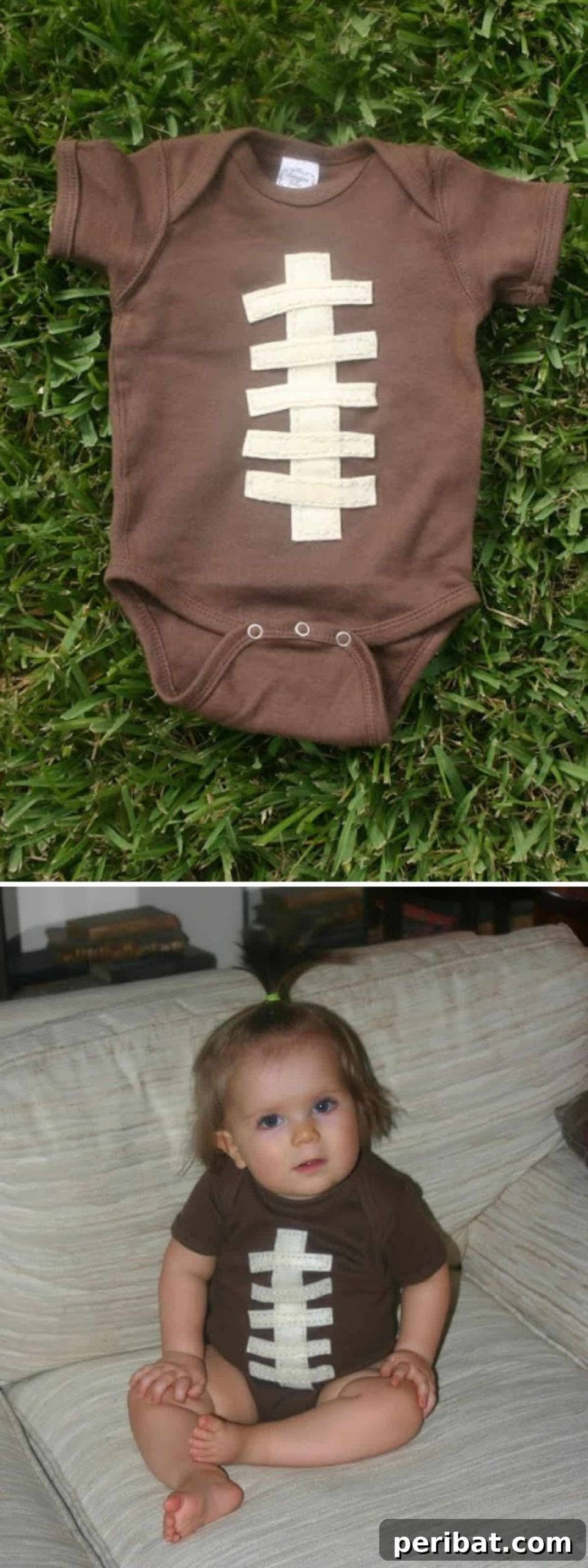Spooktacularly Adorable DIY Baby Halloween Costume Ideas 9 Score a touchdown with this easy Football baby costume. A brown onesie with white tape for laces creates a simple yet adorable DIY Halloween outfit for sports-loving families.
