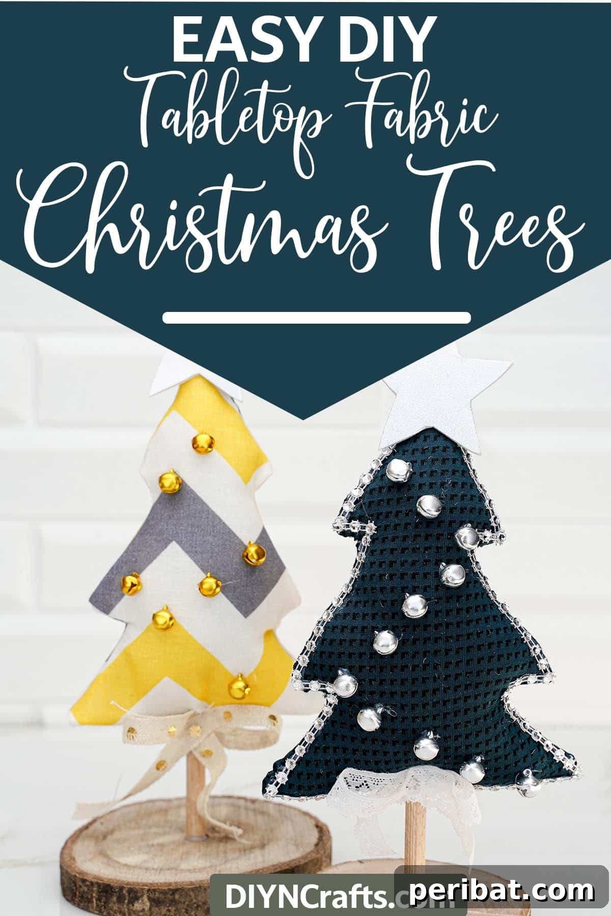 Charming Fabric Tabletop Christmas Tree Craft 13 Two fabric Christmas trees on display, one tall and one shorter, on a white background