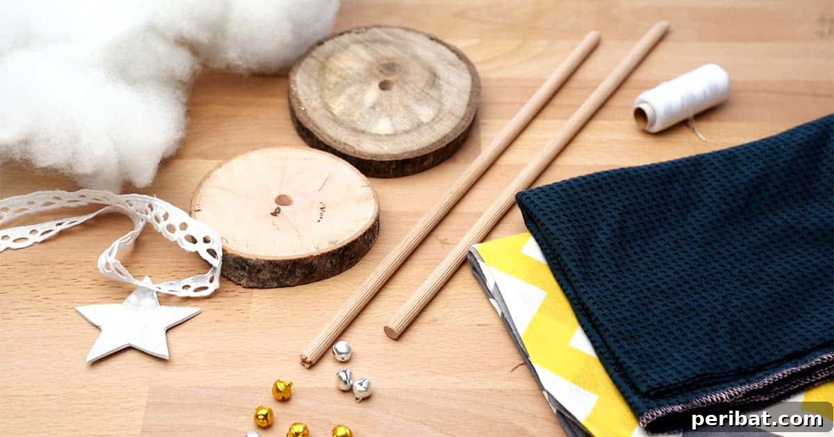Charming Fabric Tabletop Christmas Tree Craft 4 Supplies laid out for making fabric tabletop Christmas trees, including fabric, wooden slice, and glue gun