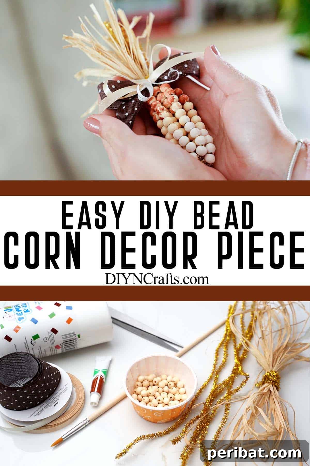 Sparkling Beaded Corn for Autumn Decor 12 photo collage of fall corn craft with text which reads easy diy bead corn decor