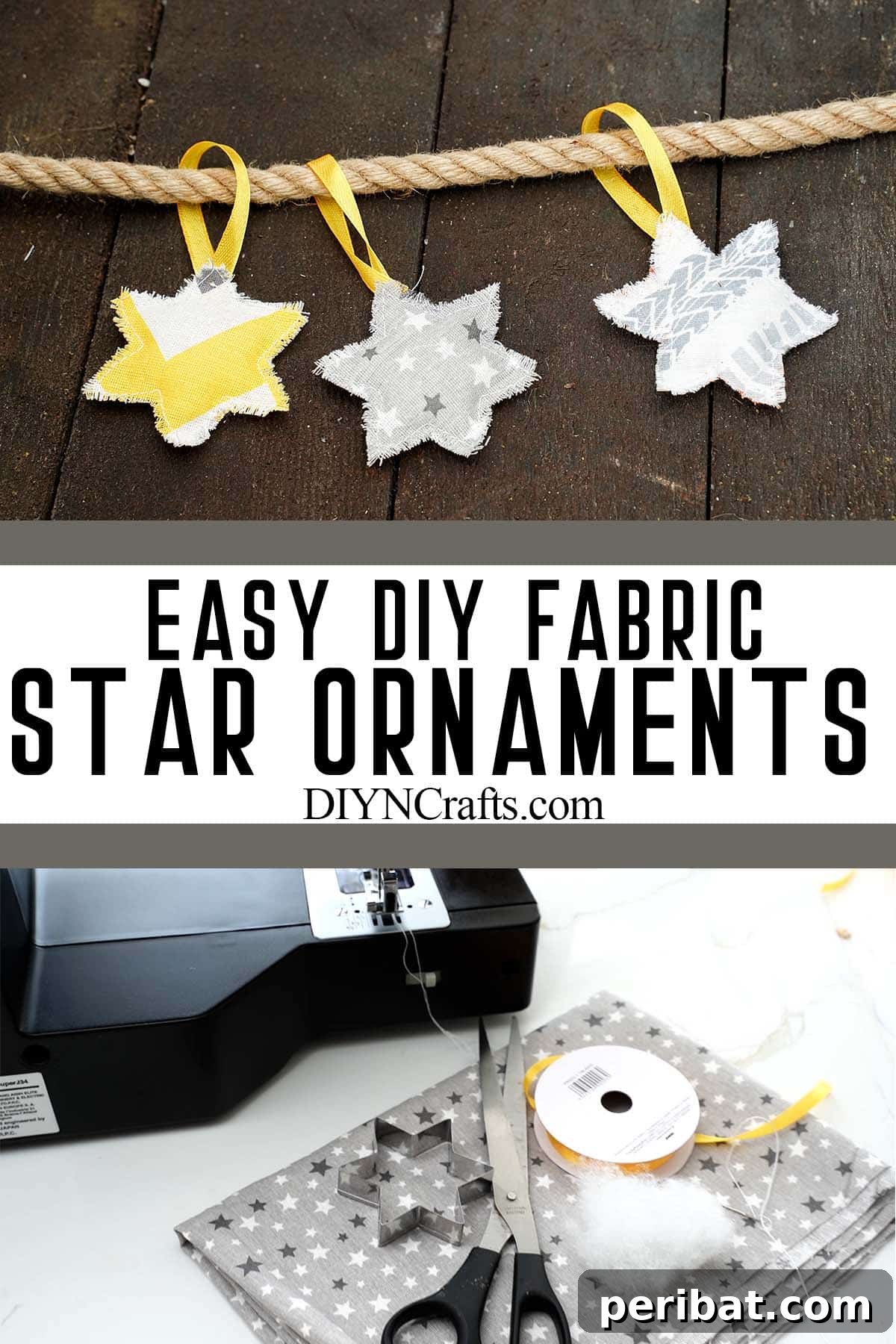 photo collage of handmade star shaped ornaments with text which reads easy DIY Fabric Star Ornaments