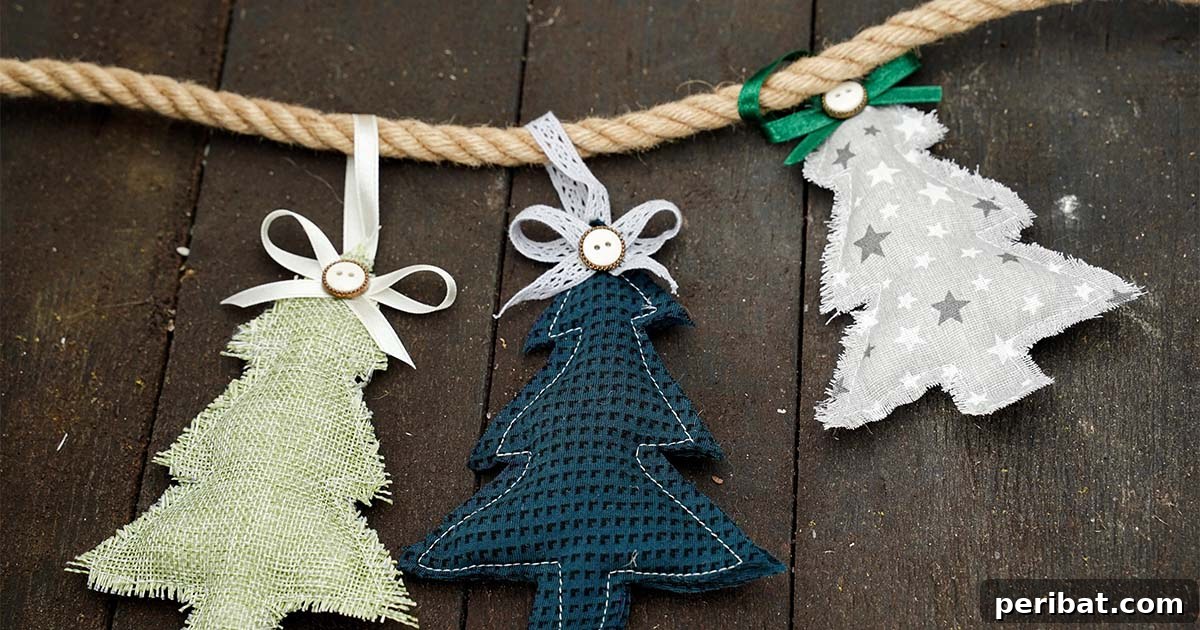 A festive display of multiple finished DIY Fabric Christmas Tree Ornaments