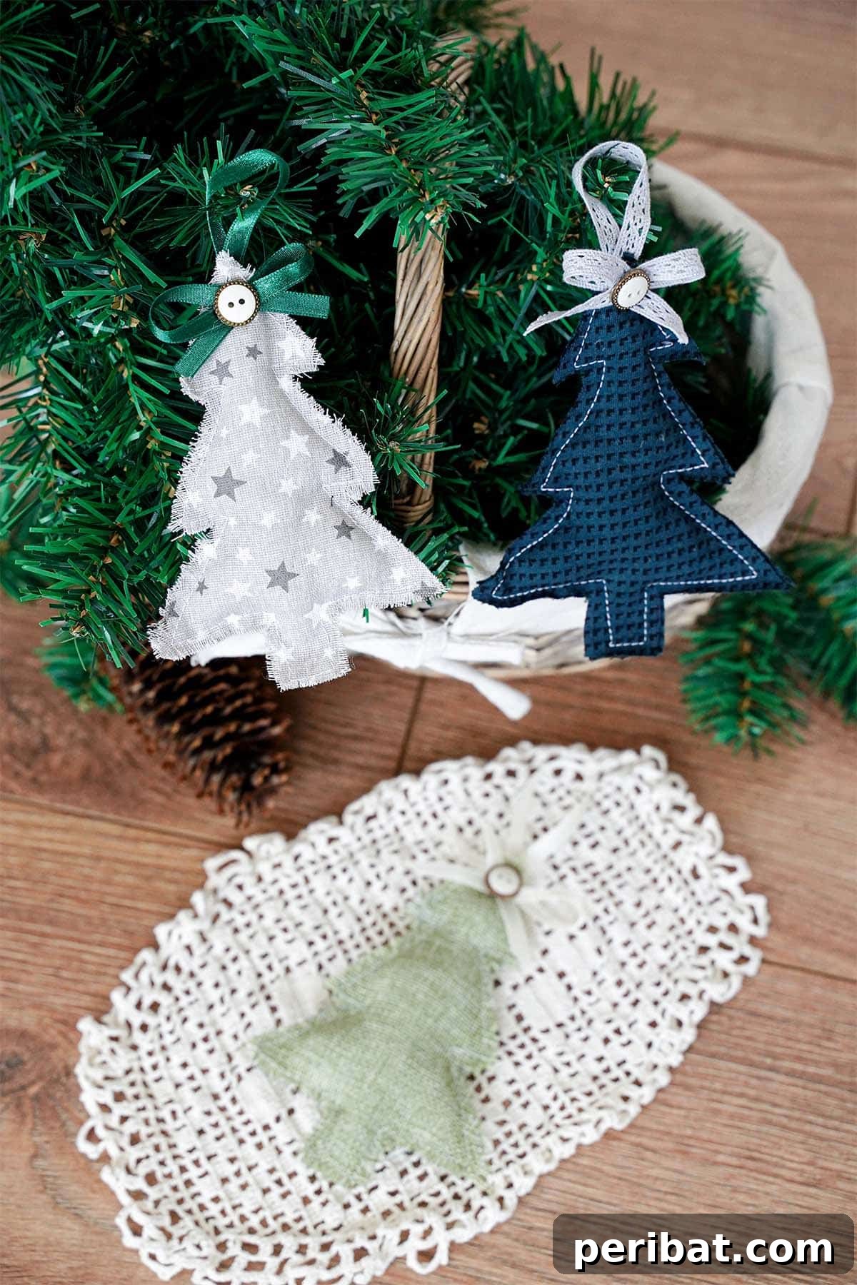 A collection of fabric Christmas tree ornaments with different patterns