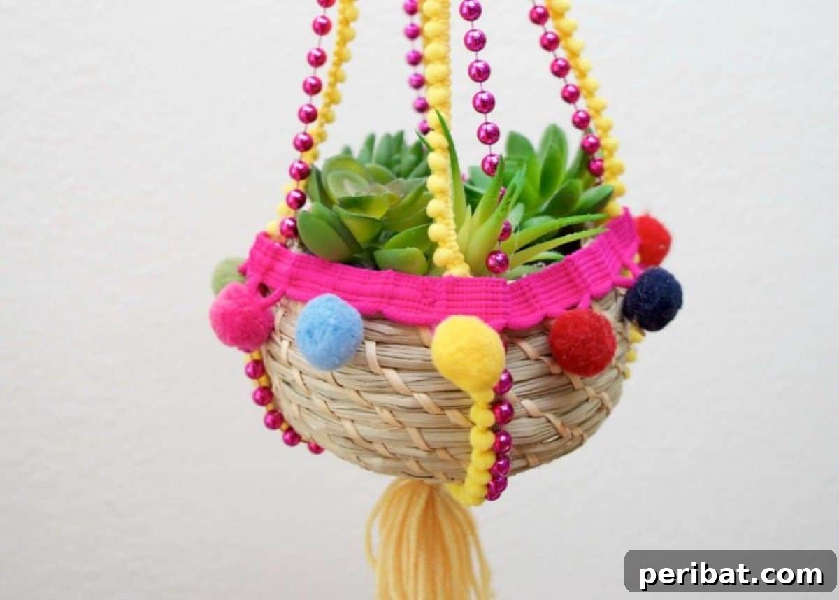 120 Inspiring DIY Boho Decor Ideas and Projects 108 Ingenious boho hanging planter, a DIY upcycle merging Mardi Gras beads with home aesthetics for plant lovers.