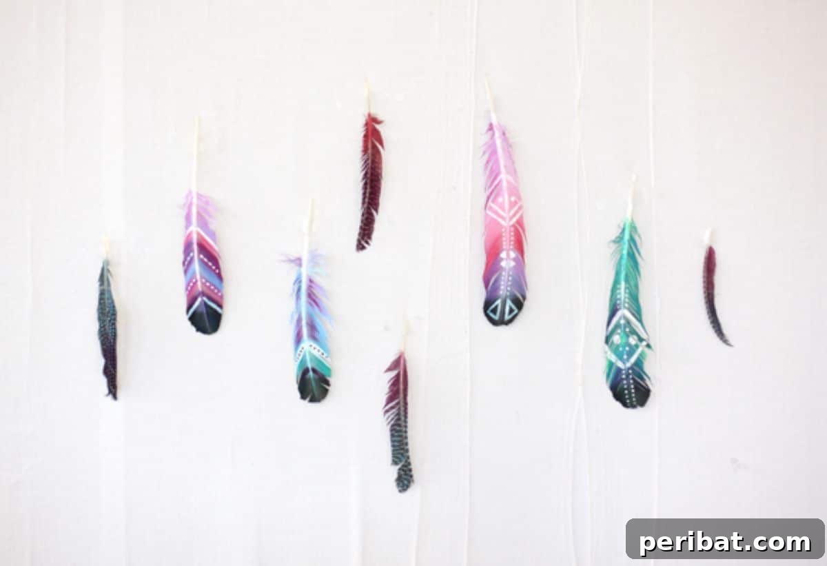 120 Inspiring DIY Boho Decor Ideas and Projects 112 Colorful DIY painted feathers, perfect as a vibrant finishing touch for festival outfits or playful home decor elements, an addictive creative exercise.