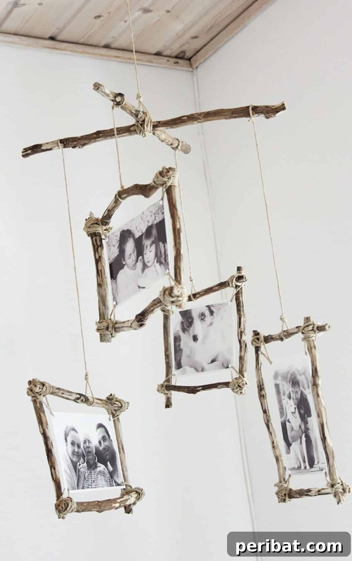 120 Inspiring DIY Boho Decor Ideas and Projects 116 Engaging DIY rustic photo mobile, bringing cherished memories to life with nature-inspired elements, a delightful summer family project.
