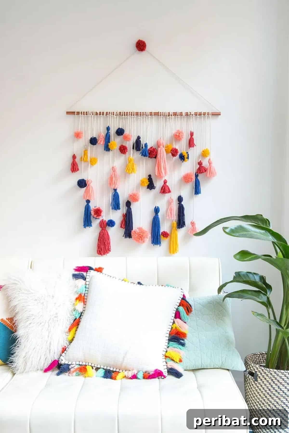 120 Inspiring DIY Boho Decor Ideas and Projects 16 Irresistibly cute pom-pom tassel wall hanging to light up your living room with creative flair.