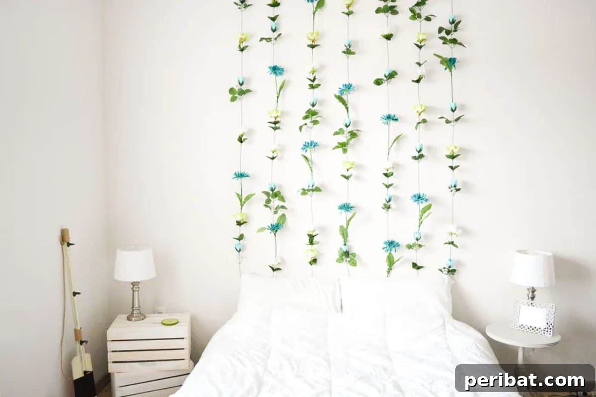120 Inspiring DIY Boho Decor Ideas and Projects 31 Lush DIY faux flower wall, an eye-catching display that adds beauty without upkeep.