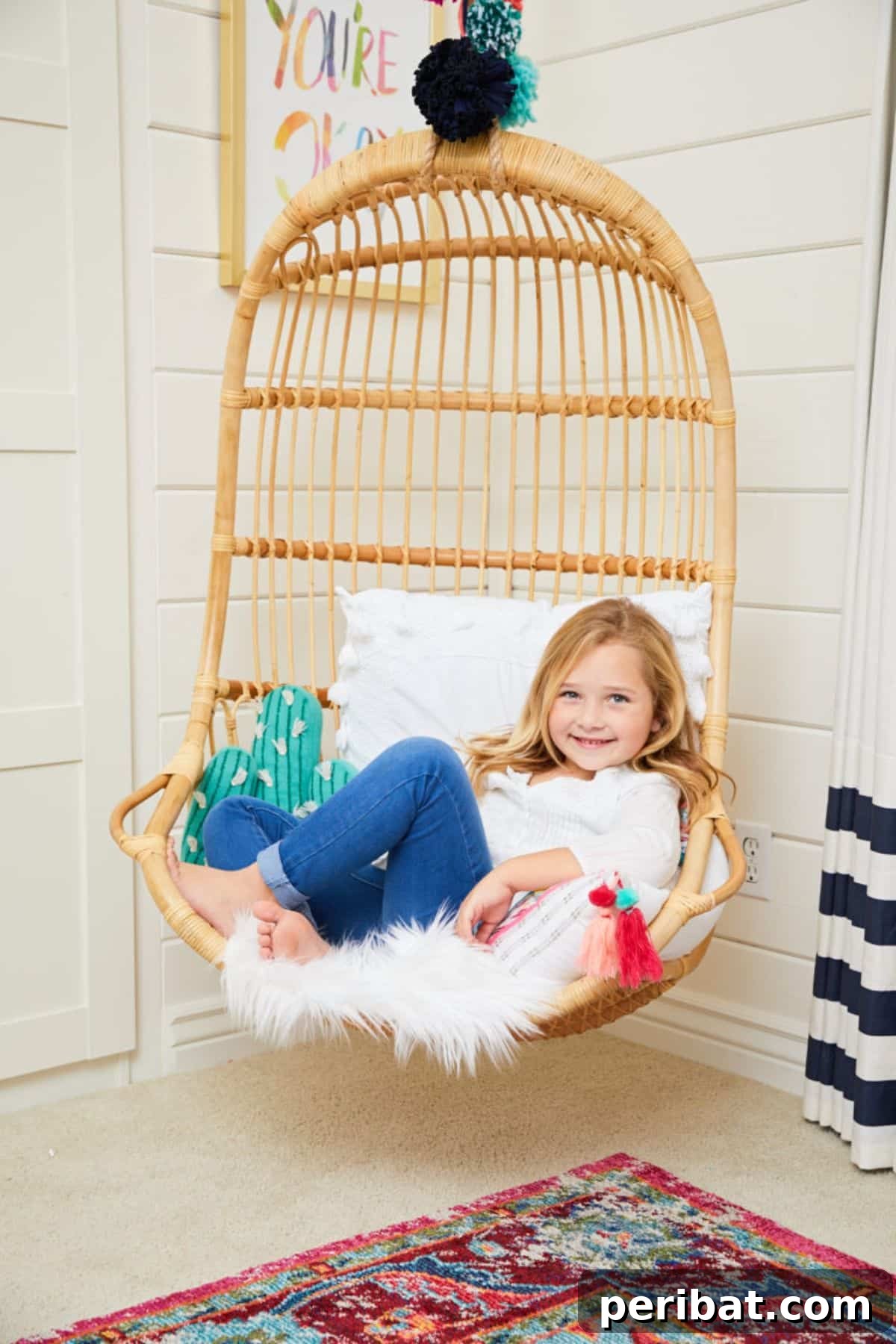 120 Inspiring DIY Boho Decor Ideas and Projects 34 Adventurous boho chic girl's room hanging swing, adding fun and whimsical style to the living space.