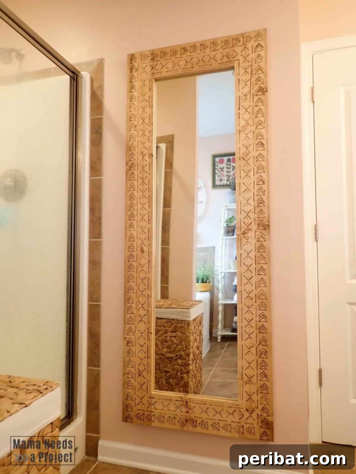 120 Inspiring DIY Boho Decor Ideas and Projects 6 Transform an outdated mirror into a stylish DIY boho full-length mirror with a mud-cloth-inspired design.