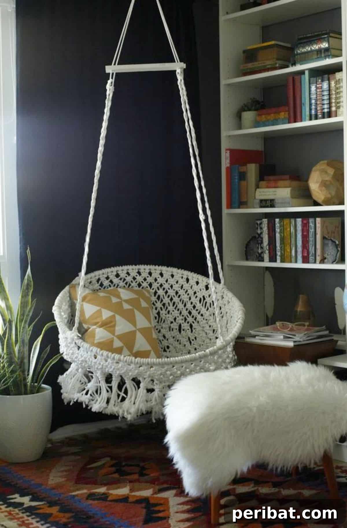 120 Inspiring DIY Boho Decor Ideas and Projects 78 Challenging yet rewarding DIY hanging macramé chair, offering a chic and cozy spot to relax in your bohemian home.