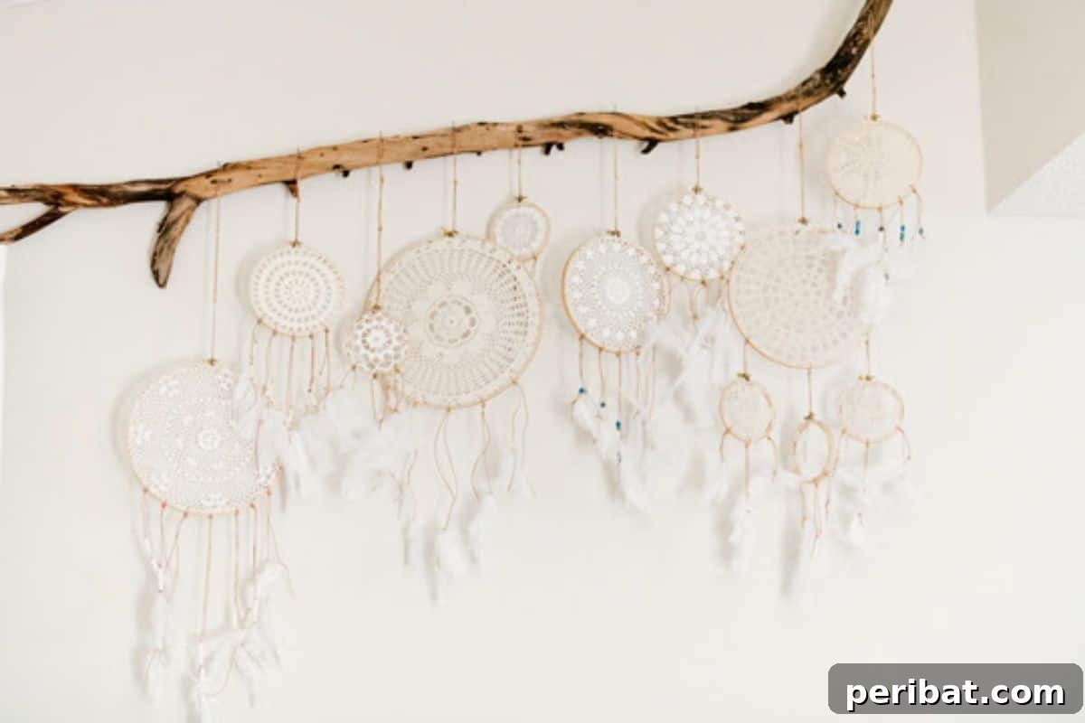 120 Inspiring DIY Boho Decor Ideas and Projects 81 Crafty vintage doily dreamcatcher, repurposing cherished items for a nostalgic yet modern boho touch.