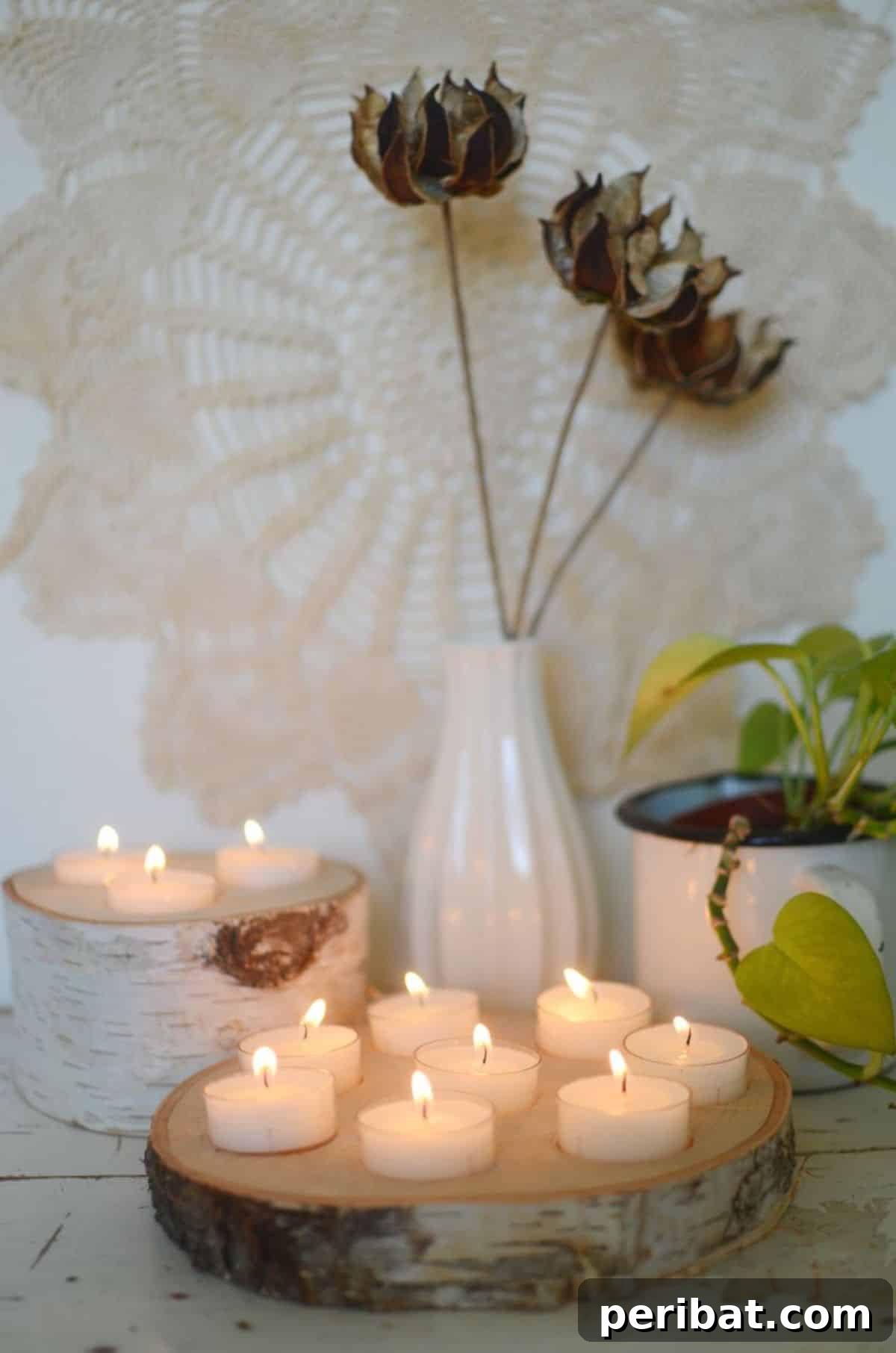 120 Inspiring DIY Boho Decor Ideas and Projects 98 Rustic elegant birch wood tealight holders, perfect for creating a relaxing atmosphere during shorter fall days.