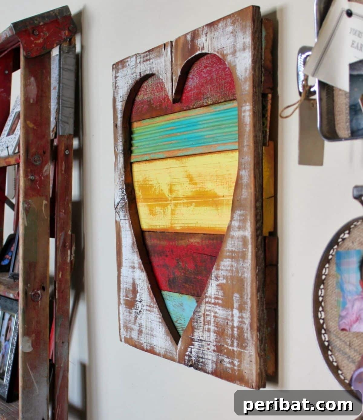 Whimsical Reclaimed Wood Heart Art with Vibrant Colors