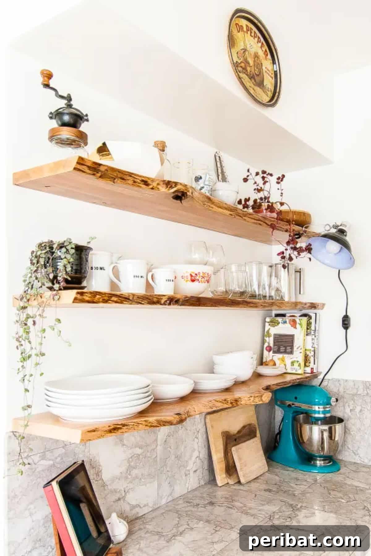 Charming Rustic Kitchens: DIY Decor and Craft Projects 35 Kitchen Floating Live-Edge Shelves