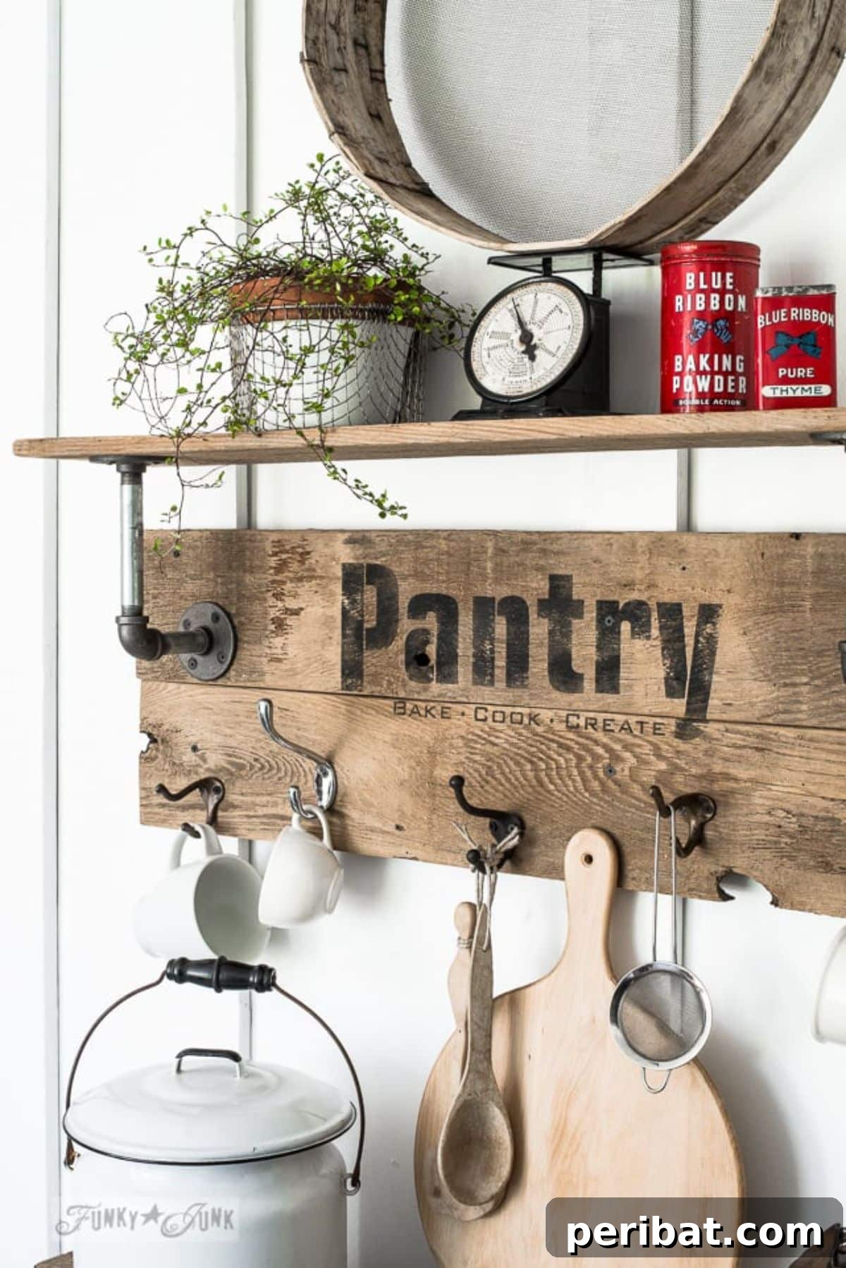 Charming Rustic Kitchens: DIY Decor and Craft Projects 63 Industrial Farmhouse Reclaimed Wood and Pipe Pantry shelf