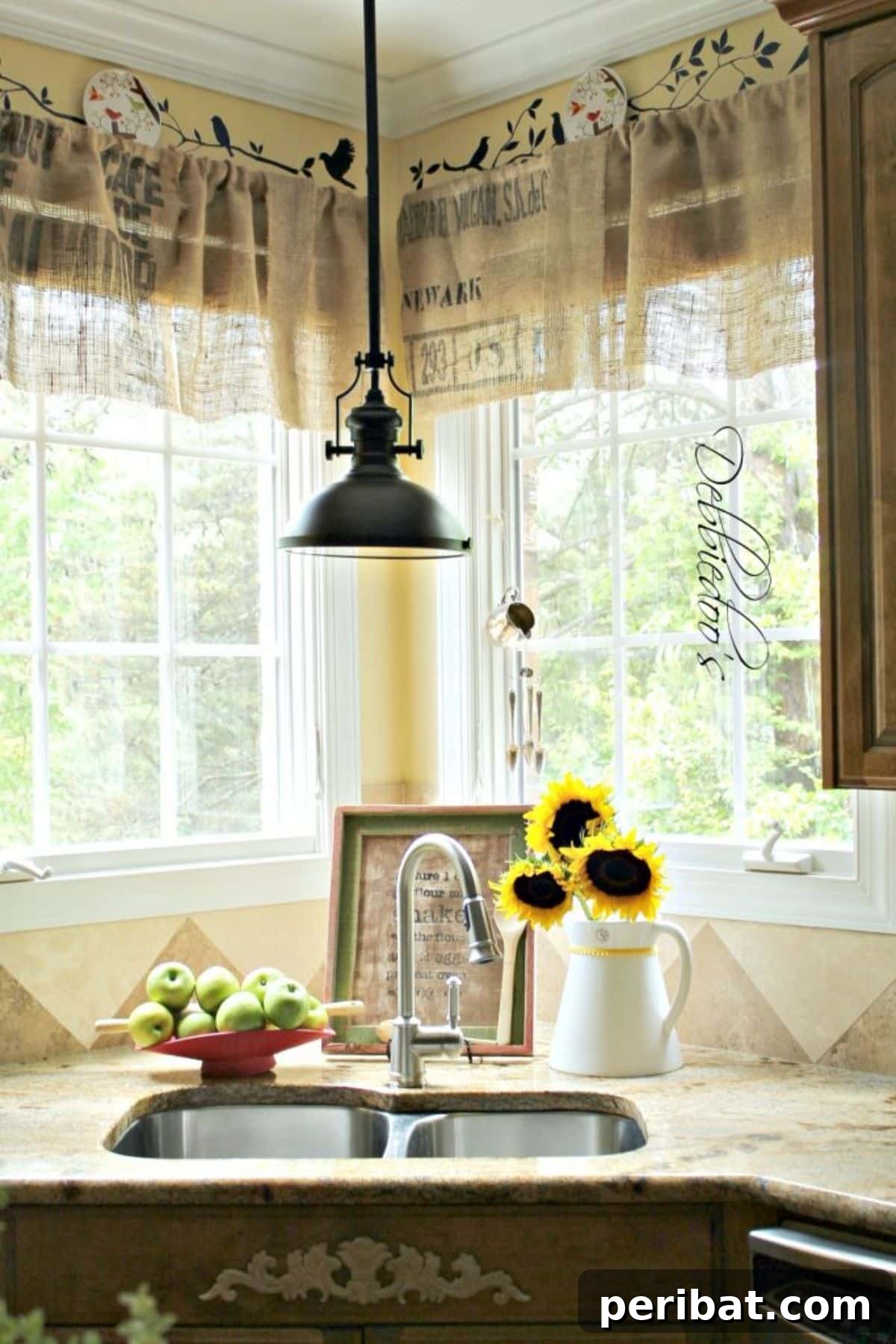 Charming Rustic Kitchens: DIY Decor and Craft Projects 99 DIY No Sew Burlap Kitchen Valances...Made From Coffee Bags!
