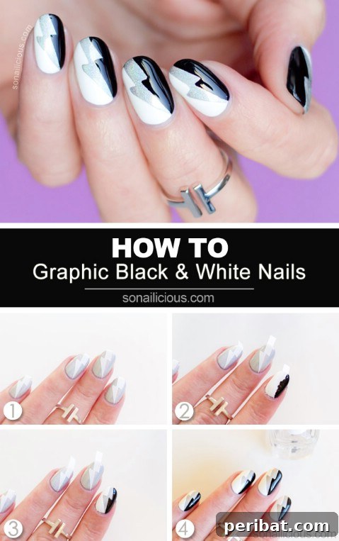 Graphic black and white nail art