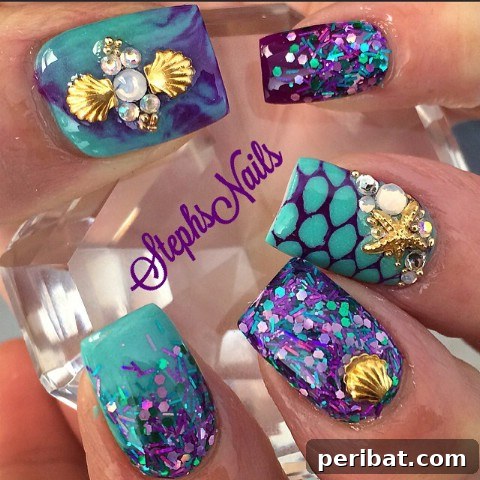 Sea-themed green and purple nails