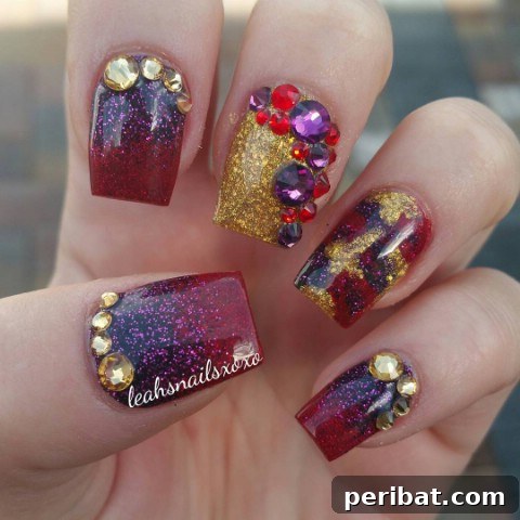 Gold, purple, and red sparkly nails