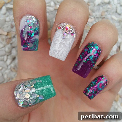 Purple, green, and white eclectic nails