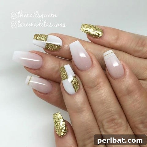 Pink, white, and gold nails