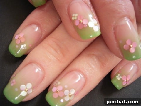 Simple green ombre tips with dainty flowers