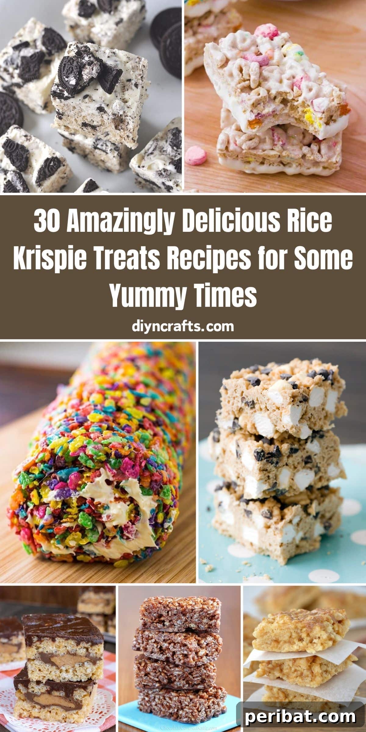 A vibrant collage showcasing 30 amazingly delicious Rice Krispies Treats recipes, from pumpkin spice to S'mores, promising yummy times ahead.