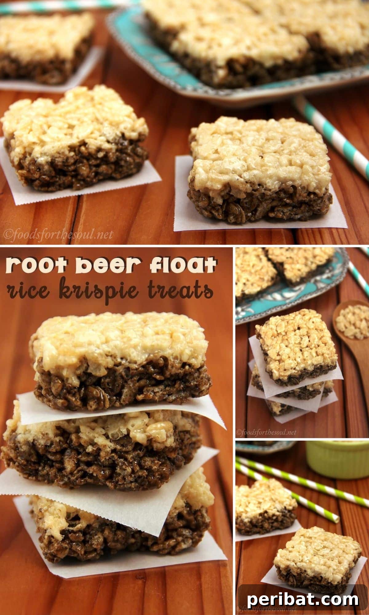 Nostalgic Root Beer Float Rice Krispie Treats, capturing the essence of the classic soda fountain drink.