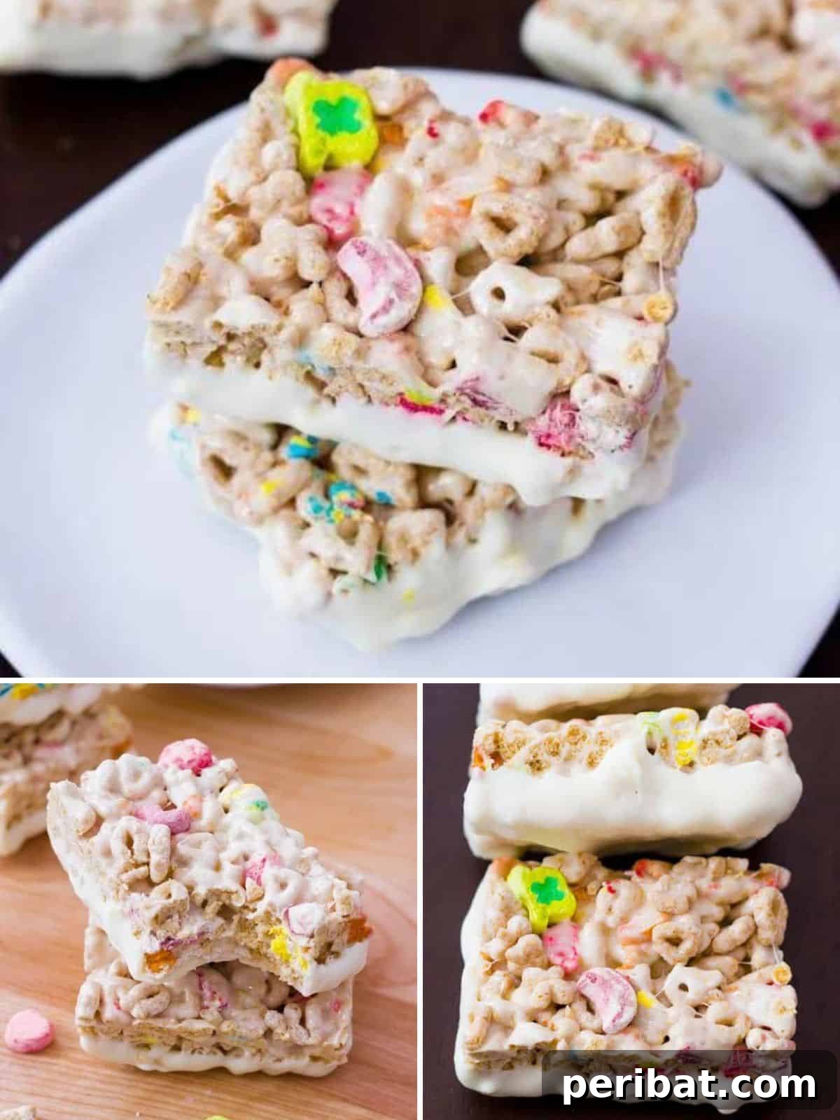 Magically delicious White Chocolate Lucky Charms Treats, featuring marshmallow-filled cereal.