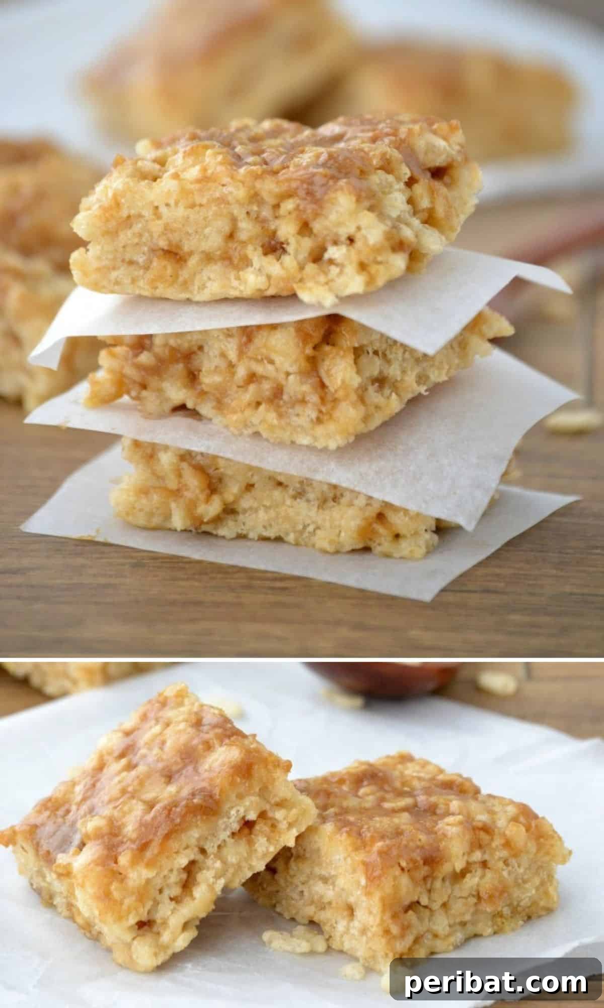 Autumn-inspired Apple Caramel Cake Rice Krispie Treats, drizzled with sweet caramel sauce.
