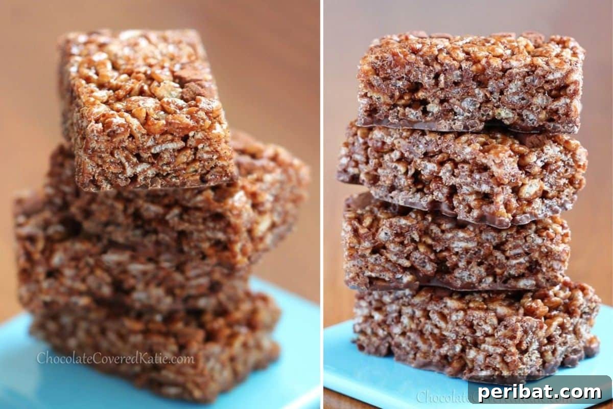 Decadent Chocolate Nutella Rice Krispie Treats, a rich and popular spread in a classic dessert.