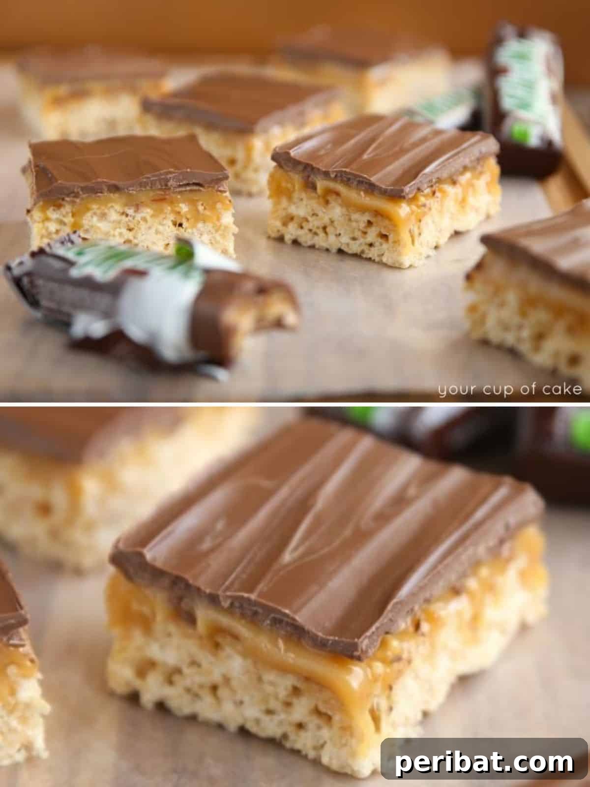 Homestyle Milky Way Rice Krispie Treats, featuring layers of caramel and chocolate.