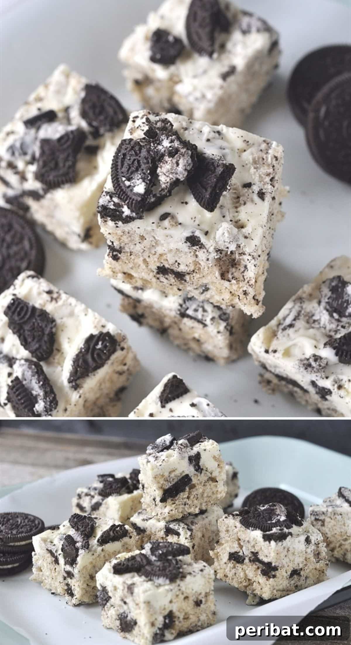 Irresistible Cookies and Cream Rice Krispie Treats, packed with crushed Oreo cookies and white chocolate.
