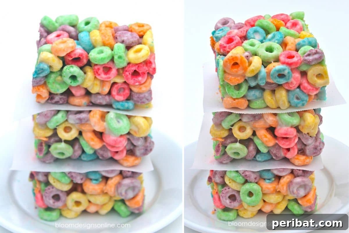 Colorful Fruit Loop Krispie Bars, a fun and fruity alternative to traditional crispy treats.