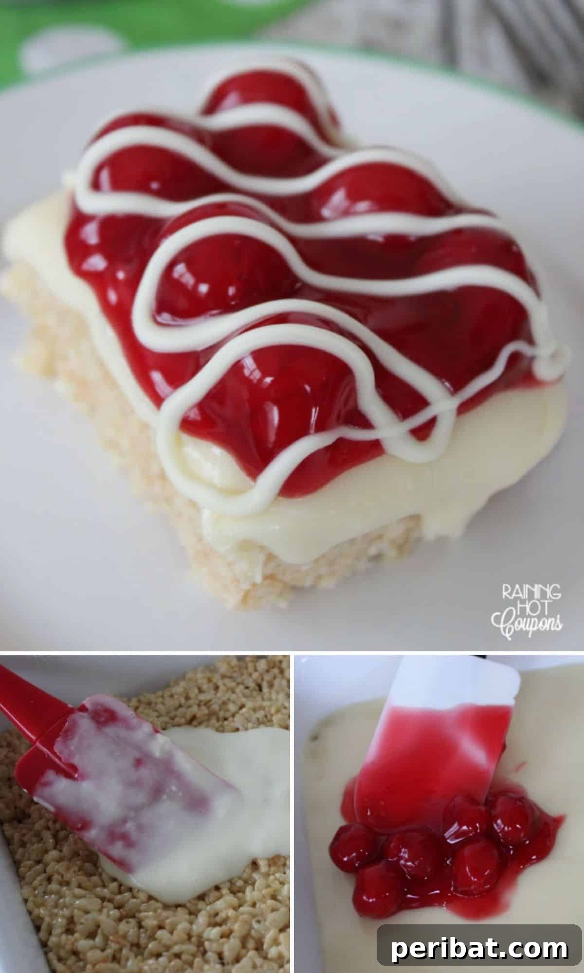 Elegant Cherry Cheesecake Krispie Bars, topped with cherry pie filling and white chocolate drizzle.