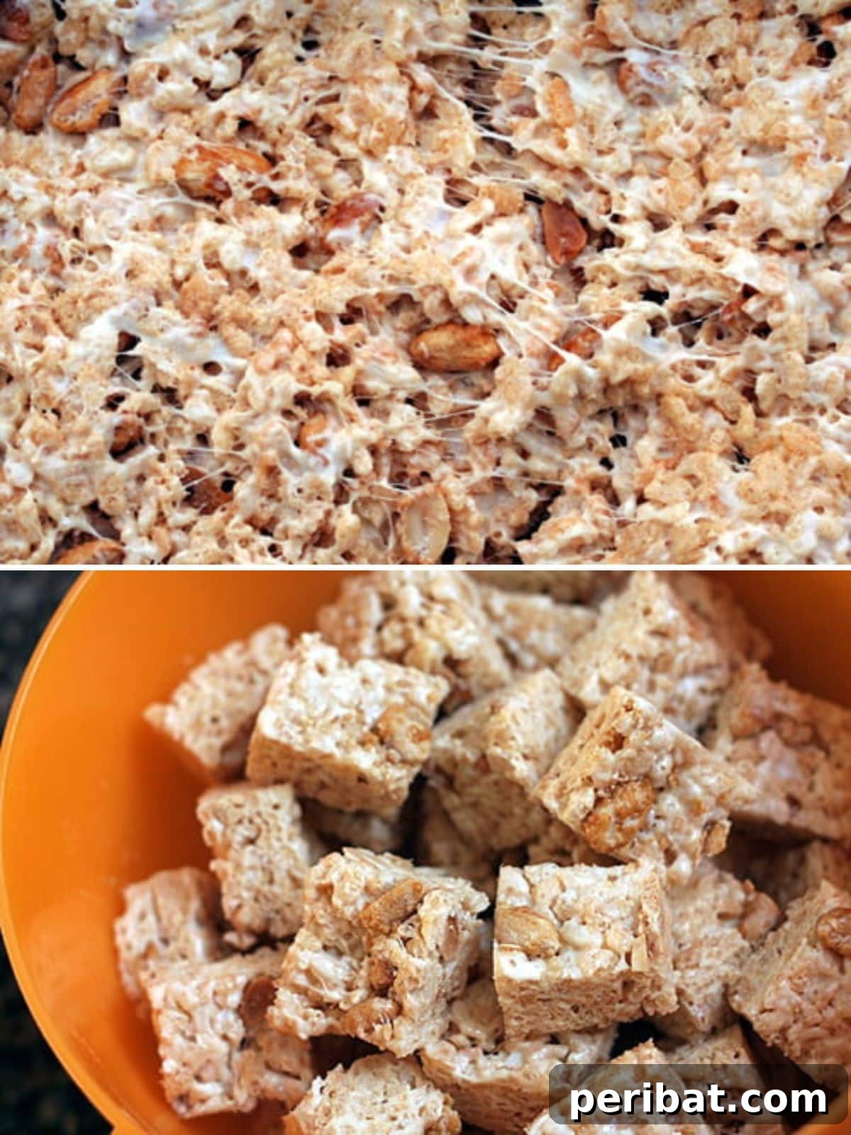 Gourmet White Chocolate Rice Krispie Treats with candied peanuts, a unique and satisfying flavor combination.
