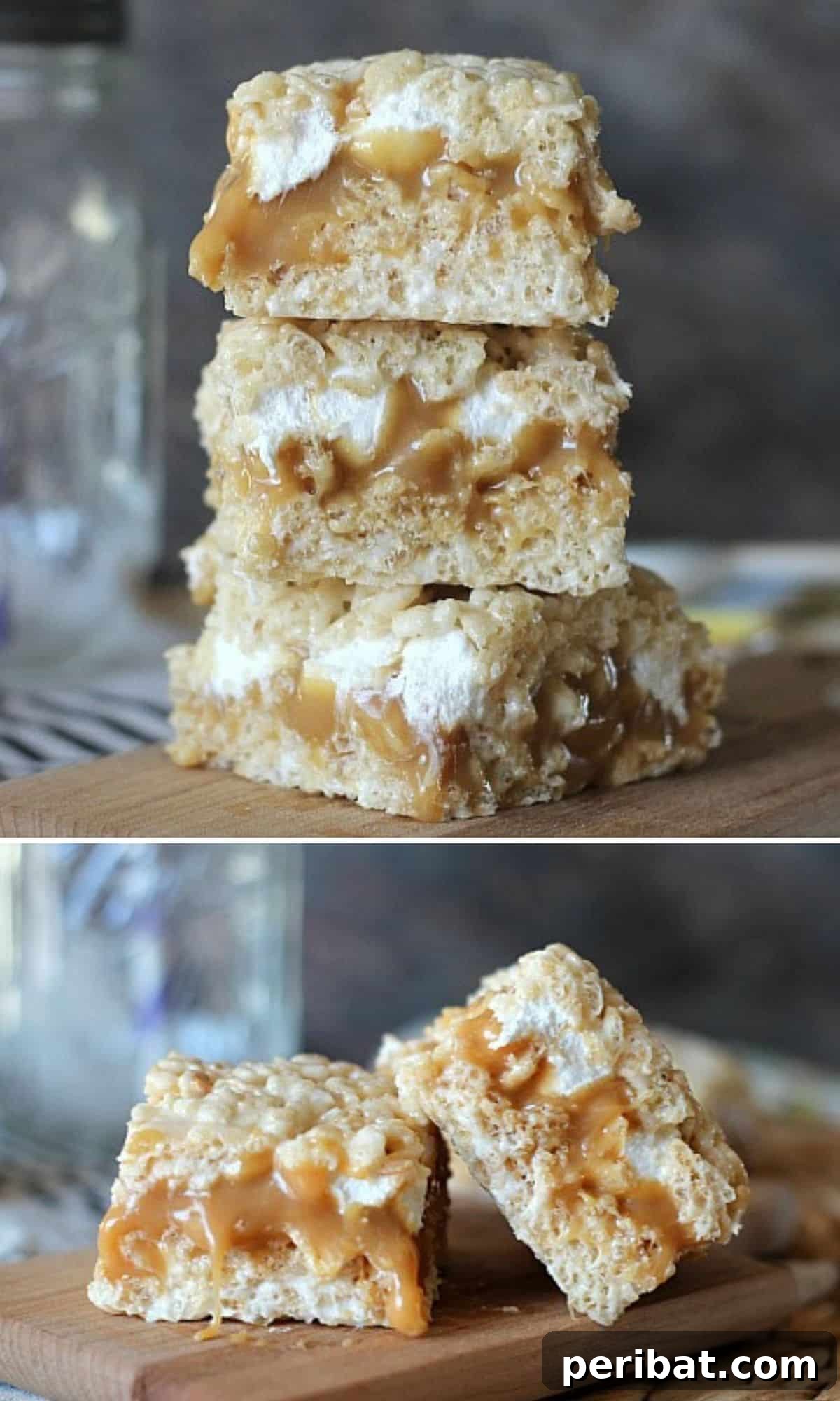Irresistible Caramel Stuffed Rice Krispie Bars, featuring a gooey caramel center.