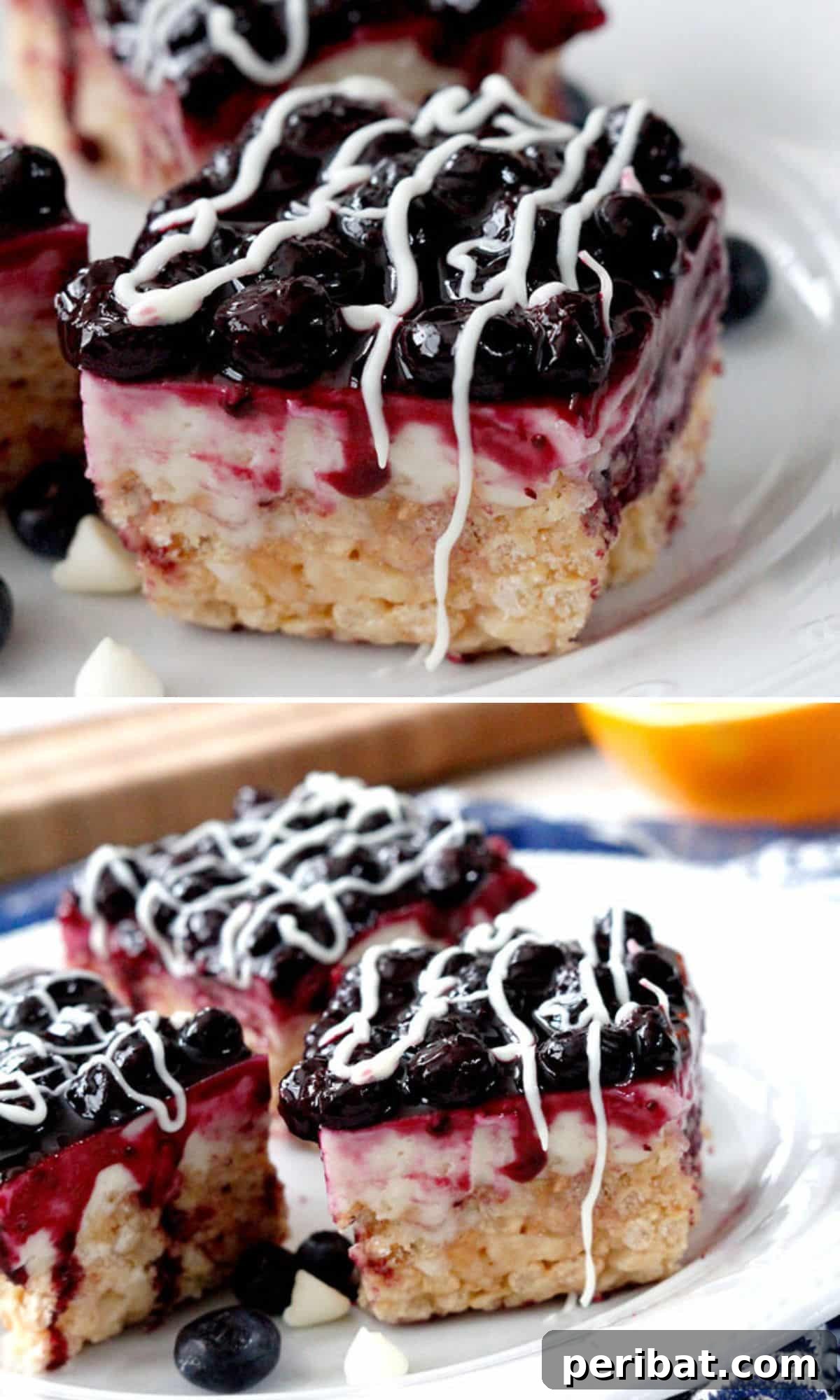 Sophisticated Blueberry and White Chocolate Cheesecake Rice Krispie Treats, a gourmet, gluten-free dessert.