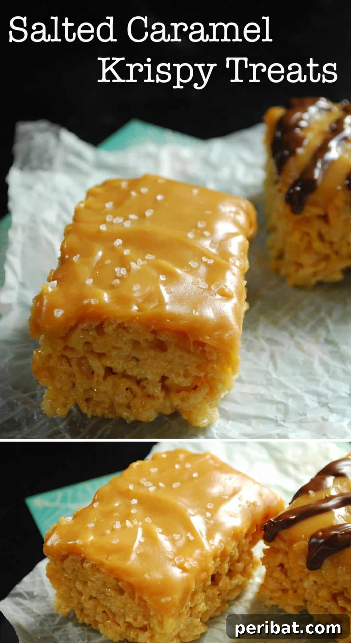 Decadent Salted Caramel Rice Krispie Treats, featuring a rich caramel topping with a sprinkle of sea salt.